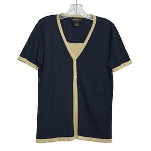 Requirements Navy‎ Blue Beige Silk Button Front Short Sleeve Cardigan Top M